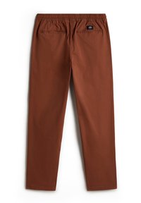Pantalon en coton marron avec une taille élastique. Comprend deux poches arrière et une petite étiquette de marque sur la taille. Design à jambes droites.
