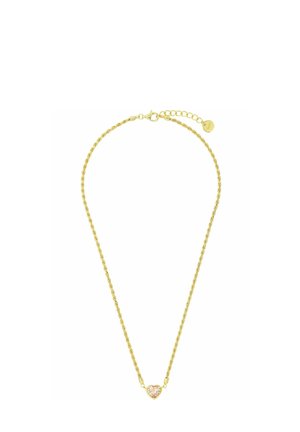 Złoty łańcuszek z małym różowym wisiorkiem w kształcie serca oraz regulowanym zapięciem z przedłużką.