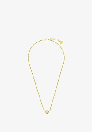 Złoty łańcuszek z małym różowym wisiorkiem w kształcie serca oraz regulowanym zapięciem z przedłużką.