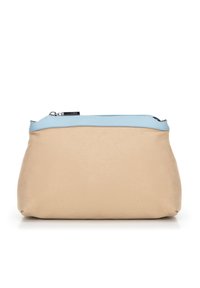 Beżowa torebka kopertówka o gładkiej teksturze z jasnoniebieskim akcentem w postaci zamka na górze. Zaokrąglony kształt i minimalistyczny design.