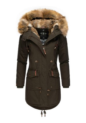 Olive green parka jacket with faux fur-lined hood, zip and toggle closure, two front pockets, and adjustable drawstring waist.