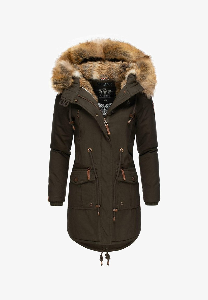 Oliven grøn parka-jakke med faux fur-forsynet hætte, lynlås og snorelukning, to frontlommer og justerbar snor i taljen.