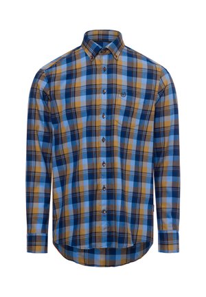 Karierte Button-Up-Hemd in Blau, Gelb und Grau, mit langen Ärmeln, Kragen und abgerundetem Saum. Mit Brusttasche und Logo-Detail.