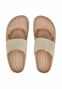 Béžové a světle hnědé sandály na klínu vyrobené z měkké nubukové kůže, s širokým páskem a polstrovanou stélkou. Velikost 37 vytištěná na vnitřní straně.