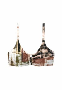 Bikini top v tkanine s motívom tie-dye v odtieňoch hnedej, zelenej a bielej. Obsahuje úzke ramienka, zhrnutý predok a centrálne akcentové kovové detaily.