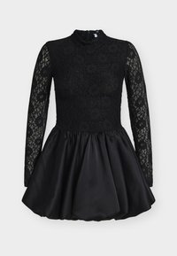 Black dress with long lace sleeves and a high neckline; fitted lace bodice and a flared satin skirt, featuring a textured pattern.