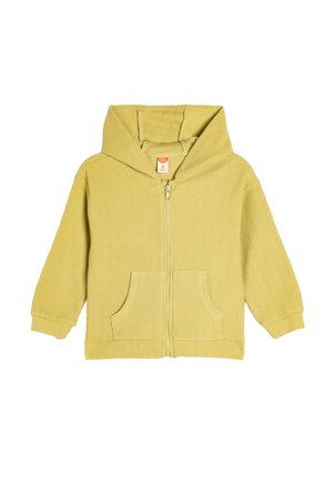 Sudadera con capucha amarilla y cierre, hecha de tejido texturizado. Presenta dos bolsillos frontales y puños acanalados. Diseño simple y casual.