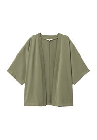 Olijfgroen kimono-stijl jas gemaakt van lichtgewicht stof, met korte mouwen, een open voorkant en zonder sluitingen. Glad oppervlak.