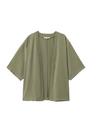 Oliwkowa kurtka w stylu kimono wykonana z lekkiego materiału, z krótkimi rękawami, otwartym przodem i bez zapięć. Gładka tekstura.