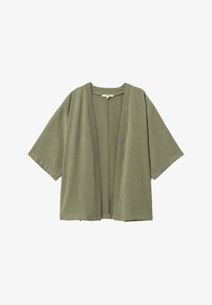 Veste de style kimono vert olive en tissu léger, avec des manches courtes, un devant ouvert et sans fermetures. Texture lisse.