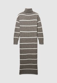 Vestito lungo in maglia grigio scuro con strisce orizzontali bianche. Presenta un collo alto e maniche lunghe, evidenziando una consistenza morbida e una vestibilità rilassata.