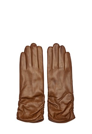 Un par de guantes de cuero marrón con detalles recogidos en las muñecas, dispuestos planos con los dedos extendidos, sobre fondo blanco.