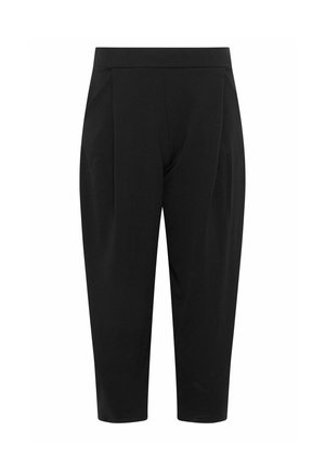 Pantalon noir taille haute ajusté avec jambe effilée et plis latéraux subtils, présenté sur un fond blanc uni.