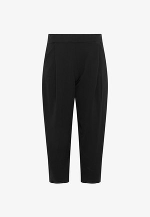 Pantalon noir taille haute ajusté avec jambe effilée et plis latéraux subtils, présenté sur un fond blanc uni.