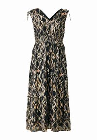 Maxikleid mit V-Ausschnitt, schwarz-beigem Tierdruckmuster, elastischem Bund und Bindebändern an den Schultern. Luftiger Stoff.
