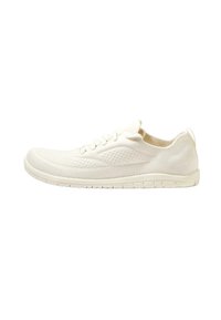 Lightweight, cream-colored sneaker with a breathable mesh upper, textured surface, lace-up design, and a flexible rubber sole.