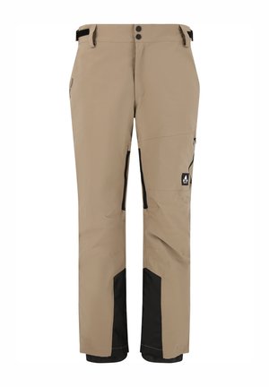 Beige wasserdichte Hose mit schwarzen Akzenten, Reißverschlusstaschen, Knopfverschluss, verstellbarem Bund und taillierter Beinöffnung.