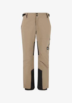 Beige wasserdichte Hose mit schwarzen Akzenten, Reißverschlusstaschen, Knopfverschluss, verstellbarem Bund und taillierter Beinöffnung.