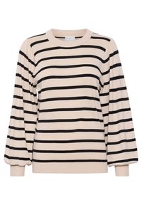 Beige neule, jossa on rohkeat mustat raidat, pyöreä pääntie ja puffi hihat. Pehmeä neulepinta, riiputetut hihansuut ja helma.