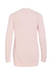 Világos rózsaszín kötött kardigán, dombornyomott mintával, hosszú ujjakkal és kerek nyakkivágással. Bordázott mandzsetta és szegélydíszítés.