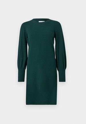 Mørkegrønt strikkekjole med lange ballongsleeves og ribbestrikkede mansjetter, med rund hals og rett nederkant.