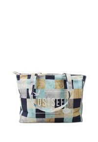 Kleurvolle draagtas met een patchworkontwerp in blauw, beige en marineblauw. Bevat de tekst "OSTSEE" en verschillende maritieme illustraties.