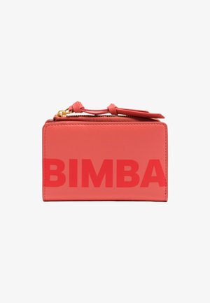 Coral leather pouch with bold "BIMBA" branding. Features a zip closure and small handle. Smooth texture, compact rectangular shape.