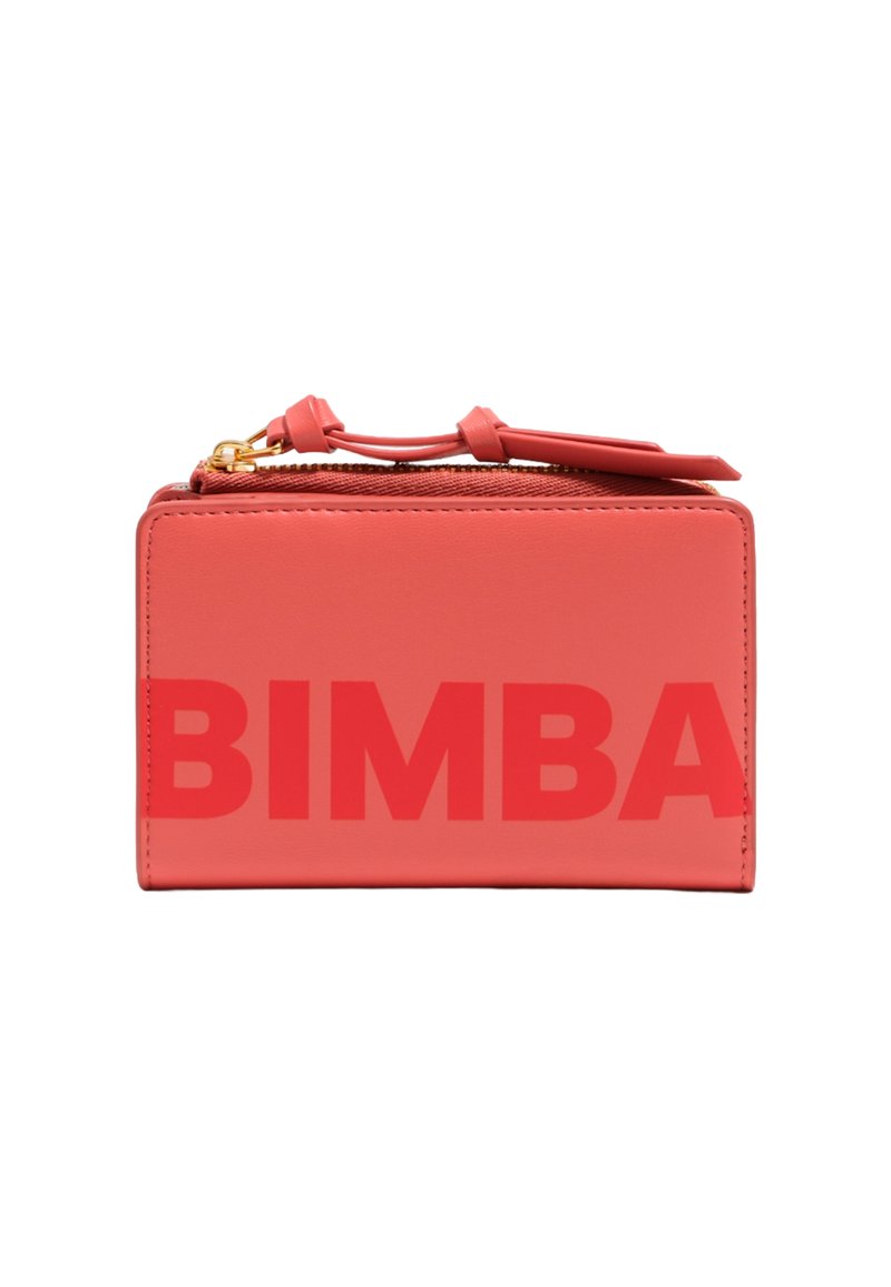 Coral leather pouch with bold "BIMBA" branding. Features a zip closure and small handle. Smooth texture, compact rectangular shape.