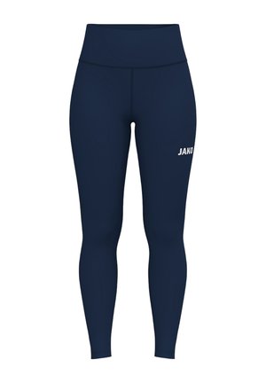 Marineblauwe, hooggetailleerde sportlegging met JAKO-logo op de bovenkant van de linker dij, ontworpen voor sport- en fitnessactiviteiten.