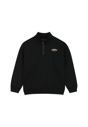 Pull noir à manches longues avec fermeture éclair quart et logo beige "DKNY New York" sur la poitrine gauche.