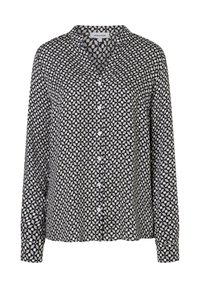 Zwart-wit gestreepte blouse met lange mouwen, een V-hals en knopen aan de voorkant. Soepele stof met geometrische patronen.