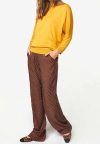 Keltainen neulepusero, jossa pitkät hihat, yhdistettynä ruskeisiin leveälahkeisiin housuihin, joissa on hienovarainen seepra-kuvio. Mustat kengät, joissa leopardikuvio.