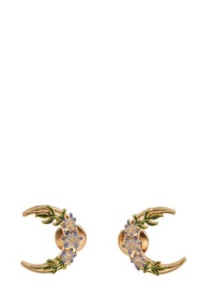 Gold crescent-shaped earrings embellished with blue flowers and green leaves, featuring a textured finish and a secure post-back clasp.