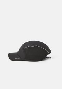 Black running cap featuring a curved brim, mesh side panels, reflective accents, and a DryCell logo for moisture management.