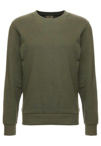 Bluza oliwkowa wykonana z miękkiego materiału, z okrągłym dekoltem, długimi rękawami oraz ściągaczami przy mankietach i u dołu. Brak widocznych wzorów lub akcentów.