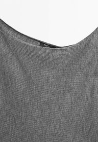 Gray ribbed knit fabric with a rounded neckline and a small black label inside showing the brand name Massimo Dutti.