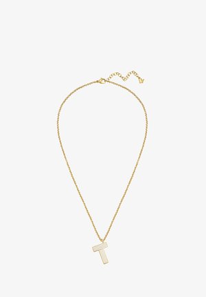 Collier chaîne en or avec un pendentif en forme de lettre T avec un design à rayures horizontales et verticales.