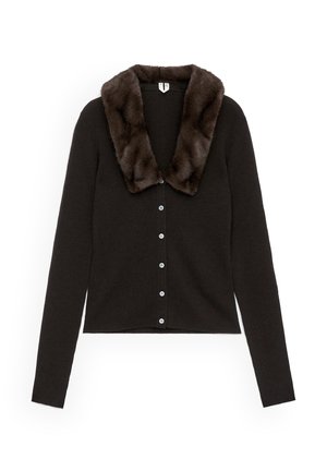 Brown cardigan with a faux fur collar, featuring a button-down front and long sleeves. Made from a soft, knitted material.