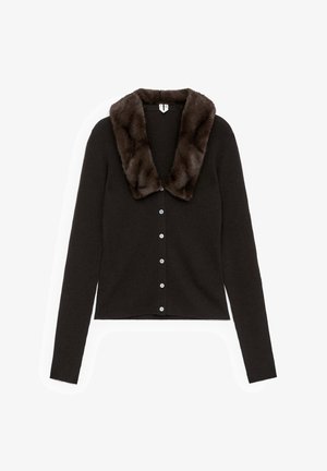 Brown cardigan with a faux fur collar, featuring a button-down front and long sleeves. Made from a soft, knitted material.