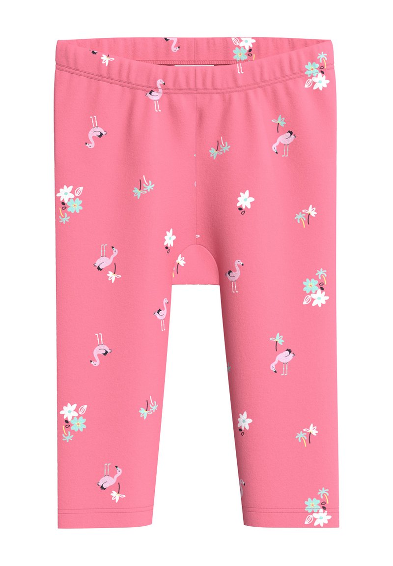 Rosa Leggings mit einem Muster aus kleinen Flamingos und Blumen. Hergestellt aus dehnbarem Stoff mit einem elastischen Bund und verkürzter Länge.