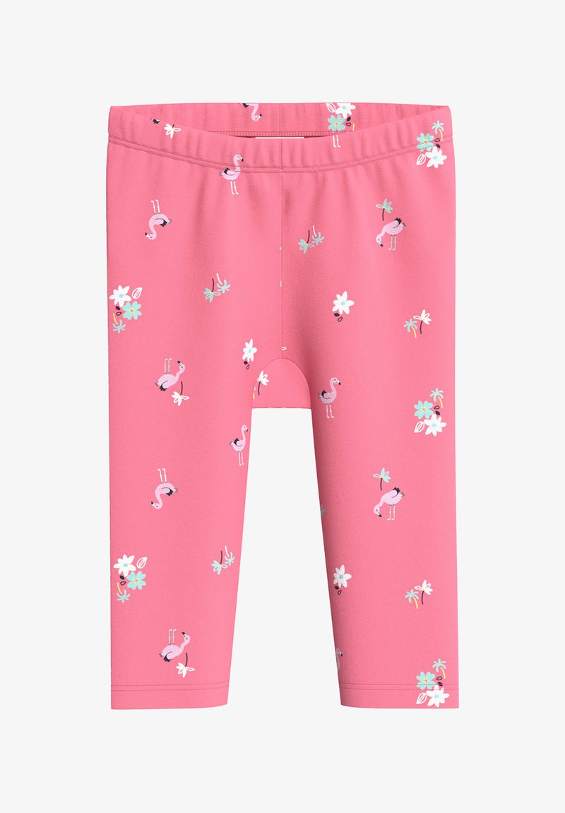 Rosa Leggings mit einem Muster aus kleinen Flamingos und Blumen. Hergestellt aus dehnbarem Stoff mit einem elastischen Bund und verkürzter Länge.