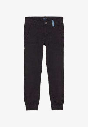 Pantaloni jogger neri in cotone con polsini elastici, due tasche frontali e un accento blu sulla vita. Chiusura con bottone.
