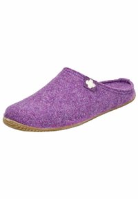 Purple felt slipper with a contoured shape, open back, and textured rubber sole. Features a small white accent detail on the side.