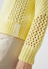 Gelber Pullover aus Strick mit einem offenen Maschenmuster an den Ärmeln, gerippten Bündchen und einem strukturierten Körper. Hat ein kleines Markenlabel am Saum.