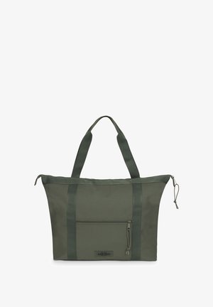 Borsa tote rettangolare verde scuro con manici doppi, tasca frontale con cerniera e chiusura superiore con cerniera.