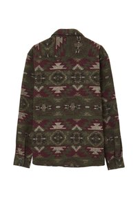 Camicia a maniche lunghe con bottoni, caratterizzata da motivi geometrici ispirati al sud-ovest in verde, bordeaux e beige, vista dal retro.