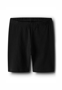 Shorts en coton noir avec une taille élastique, présentant une texture lisse et un design simple. Longueur mi-cuisse sans motifs visibles.