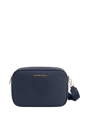Borsa a tracolla rettangolare in pelle blu navy con cerniera dorata, design a cuore traforato e tracolla regolabile con fibbia dorata.