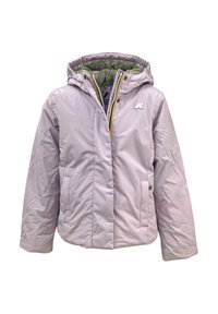 Giacca a vento lilla con cappuccio, zip frontale e due tasche laterali. Foderata in tessuto verde, presenta un logo sul petto.