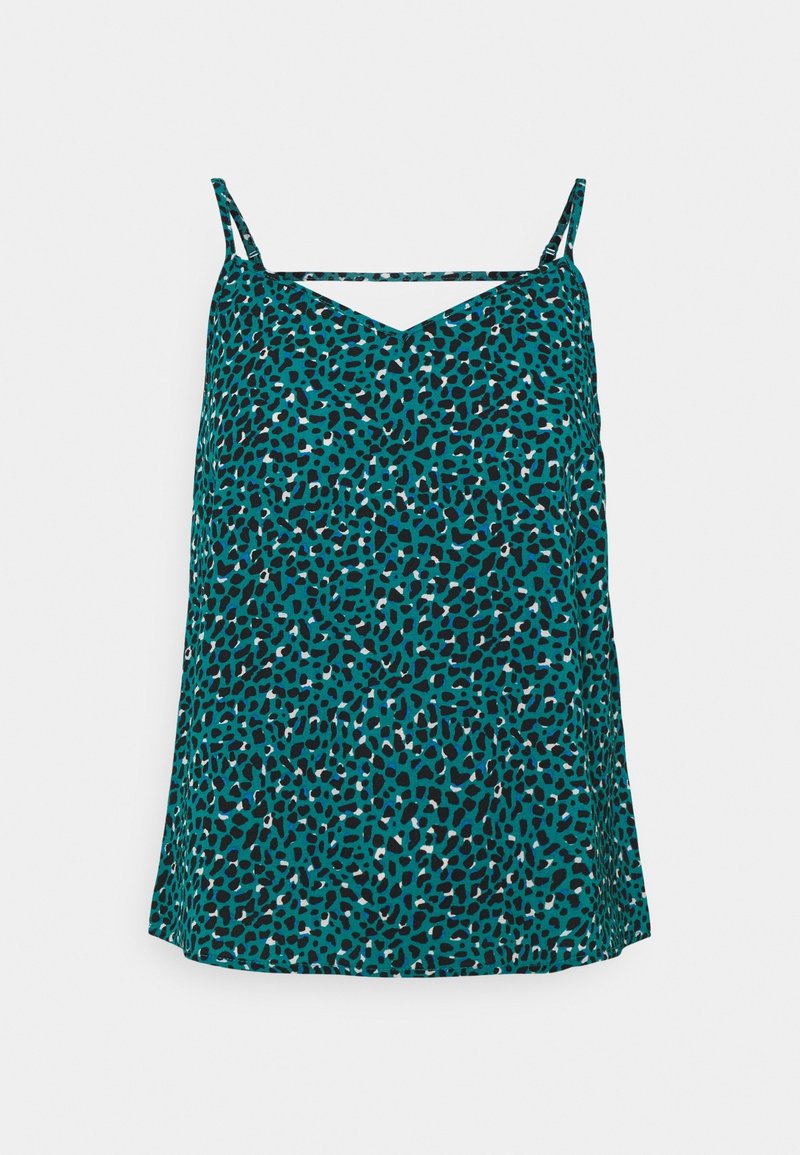Haut sans manches pour femme couleur sarcelle avec imprimé léopard abstrait noir et blanc, bretelles spaghetti et une sangle horizontale sur la poitrine.